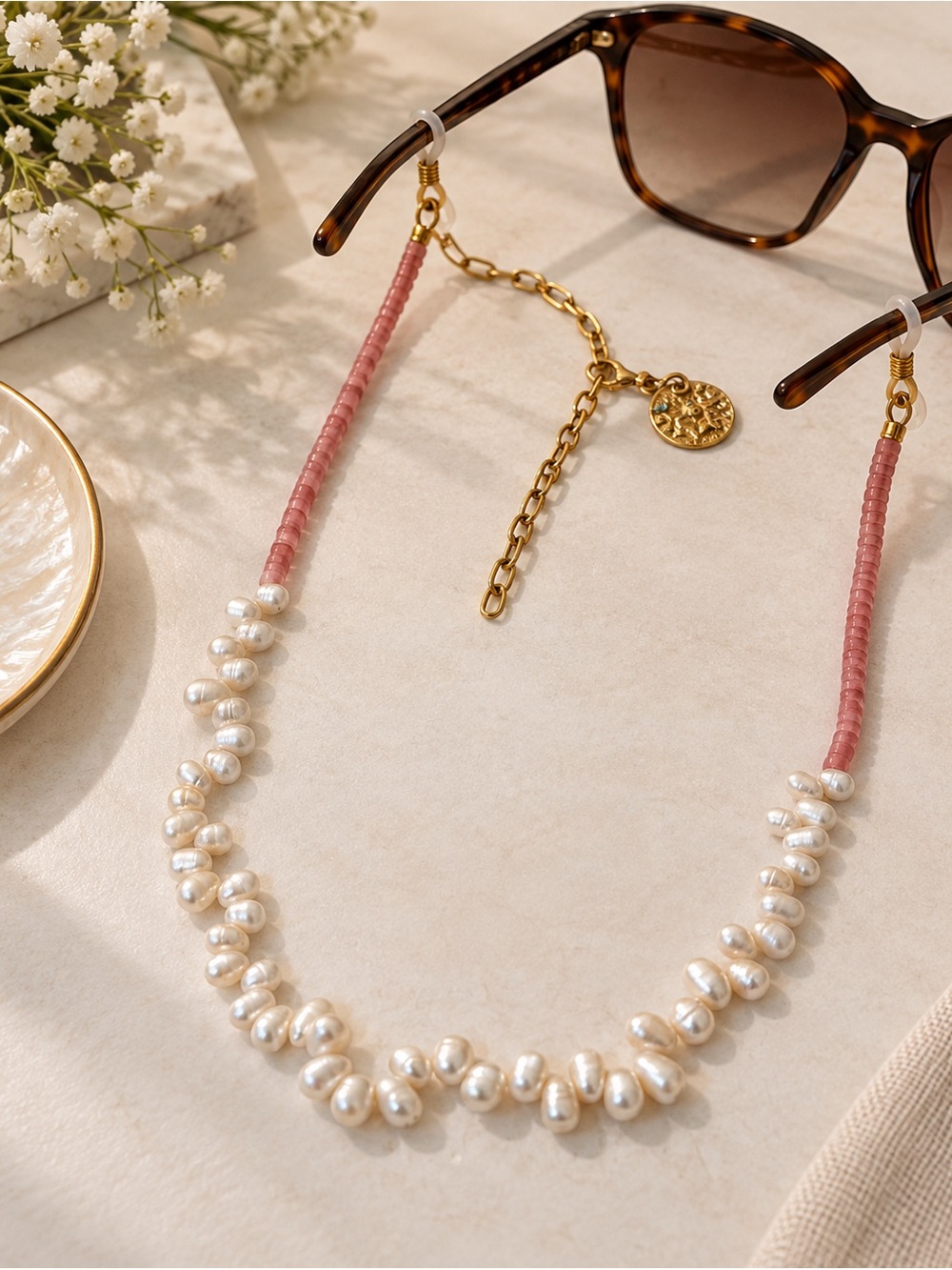 Fresh water Pearl & Pink Beaded Sunglass Chain with Gold Accent